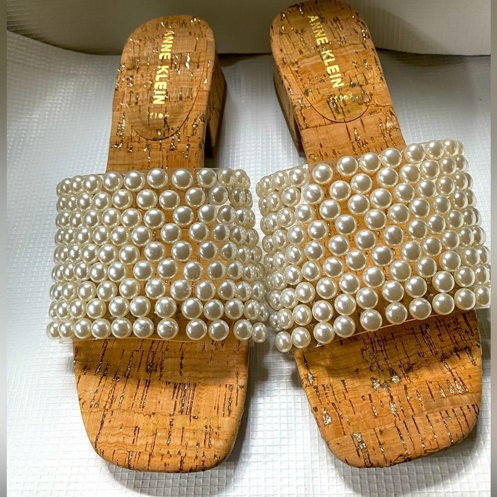 Anne Klein Pearl-Embellished Cork Slide Sandals in Ivory